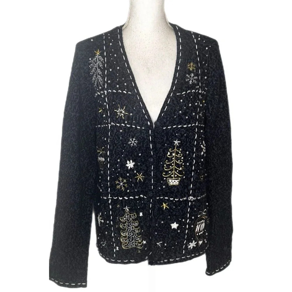 REFERENCE POINT NEW YORK BLACK & Blue HOLIDAY XMAS SWEATER CARDIGAN SIZE LARGE